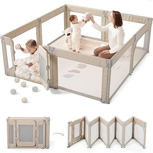 Sweeby Foldable Baby Playpen, 71x59 Playpens for Babies and Toddlers Large Play Yard with Door Baby Fence with Gate and Indoor & Outdoor Play Pen, Beige