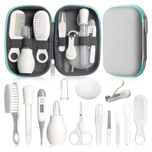 Baby Grooming Kit, Infant Safety Care Set with Hair Brush Comb Nail Clipper Nasal Aspirator,Baby Essentials Kit for Newborn Girls Boys (Grey White)