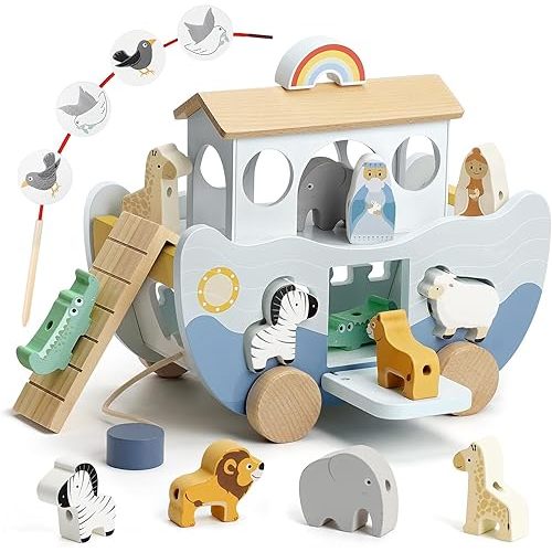 Joyreal Wooden Noah's Ark Toy for 1 Year Old Baby Boy and Girl Baptism Gift - Neutral Color Montessori Educational Toy with Animal Shape Sorter - Christian Toys for Toddler 1-3 Christmas Birthday Gift