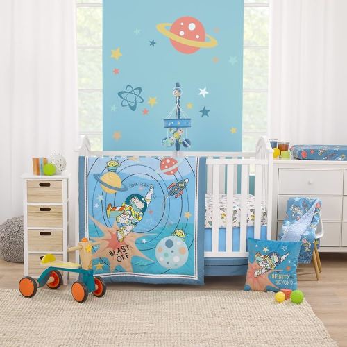 NoJo Disney Toy Story Buzz Lightyear Blue, Orange, and Yellow Countdown to Blast-Off 3 Piece Nursery Crib Bedding Set - Comforter, 100% Cotton Fitted Crib Sheet and Crib Skirt
