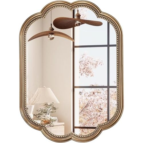 Scalloped Wall Mirror, 22" x 30" Gold Oval Mirror Beaded Frame Decorative, Antique Gold Mirrors Wooden Large Flower Mirrors for Over Sink, Bathroom, Bedroom, Living Room, Fireplace, Entryway