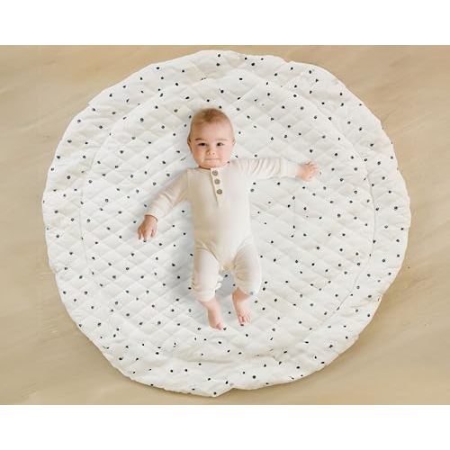 Poppyseed Play Baby Play Mat, Extra-Thick & Extra-Large Round Floor Pad, Designed for Tummy Time, Crawling, & Baby Activity Gyms, Foldable & Portable (Black Squiggle Dot, 43" Round)