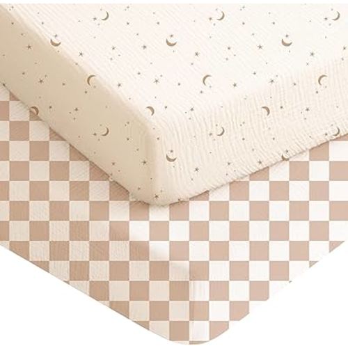 Konssy Muslin Crib Sheets for Boys, Soft Cotton Neutral Baby Sheets for Standard Crib Mattress 2 Pack, 52"x28" (Coffee Check,Moon)