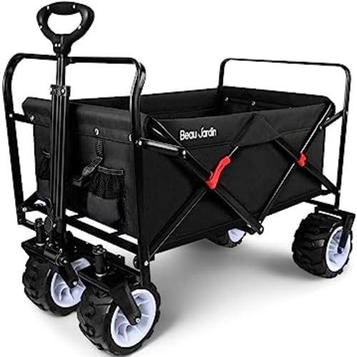 BEAU JARDIN Collapsible Folding Wagon 300 Pound Capacity Heavy Duty Foldable Beach Wagon Cart Grocery Utility Wagon for Garden Sports Shopping Outdoor All Terrain Wheel Portable Black