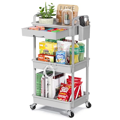 EaseSky 3-Tier Rolling Cart with Drawer & Lockable Wheels, Plastic Shelf Storage Organizer Cart – Easy Assembly, Waterproof Design for Kitchen, Bathroom, Office, Gray