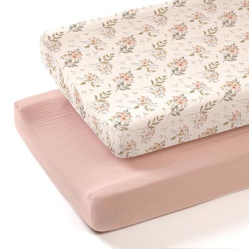 lulumoon Muslin Changing Pad Cover: 2-Pack Soft Breathable Cotton Boho Floral Print for Baby Girls - Nursery & Baby Shower