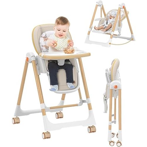 High Chairs for Babies and Toddlers, Baby Swings for Infants, Foldable High Chair with Wheels,5 Adjustable Height,4-Position Backrest, 3 Footrest Positions, Double Removable Tray(Khaki)