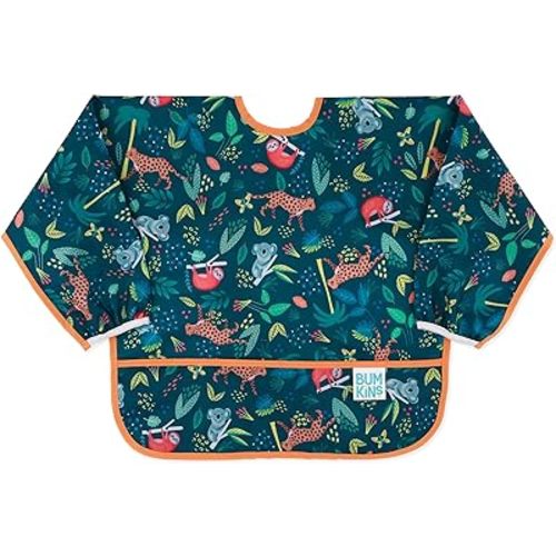 Bumkins Sleeved Bib for Girl or Boy, Baby and Toddler for 6-24 Mos, Essential Must Have for Eating, Feeding, Baby Led Weaning Supplies, Long Sleeve Mess Saving Food Catcher, Soft Fabric, Jungle