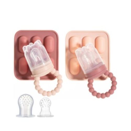 Toddler Silicone Fruit Feeders with Freezer Tray for Batch Prep, Set of 2 – Safe & Convenient, Includes Extra Pouches & Travel Lids, Dishwasher Safe