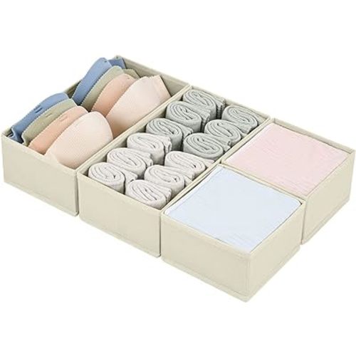 DIMJ Drawer Organizers Clothes, Set of 4 Dresser Organizer Bins, Fabric Closet Organizers and Storage, Drawer Dividers for Nursery, Clothing, Baby Clothes, Socks, Underwears, Tie (Beige)