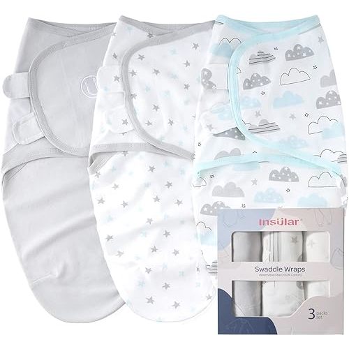 insular Swaddle Blanket, Baby Swaddle Wrap for Newborn and Infant, Adjustable Swaddle Set for Boy and Girl, Soft Cotton Baby Sleep Sack 3 Pack Medium(3-6 Month), Clouds