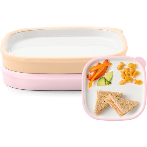 Ello Clean Start Ceramic Toddler Plates with Sleeves, 2 Pack, Cashmere Pink/Dune