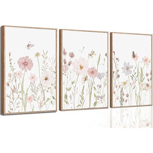 LQOZTBX 3Pcs Watercolor Wildflower Wall Art Botanical Nursery Canvas Prints Vintage Floral Pictures Flower Paintings Girls Nursery Pictures Pink Wall Decor for Living Room Bedroom Unframed