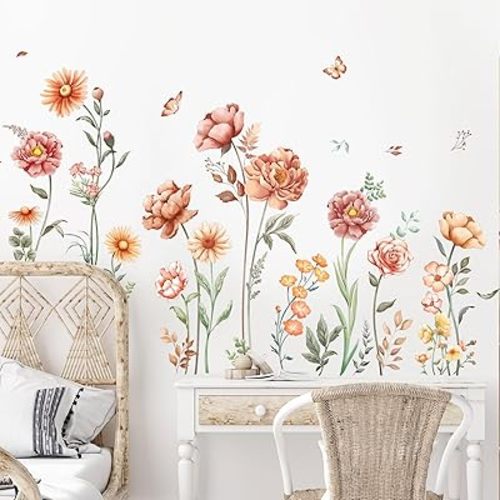 Boho Flower Wall Decals Large Wildflower Plants Grass Wall Stickers Autumn Floral Wall Art Decor for Living Room Bedroom Office TV Sofa Backdrop Home Decor Gifts for Mom