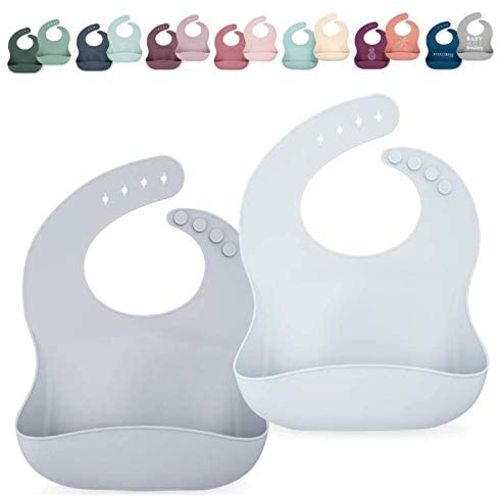 Ava + Oliver Silicone Bib Set - Adjustable Catch All Waterproof Bibs - Set of 2 - Stone