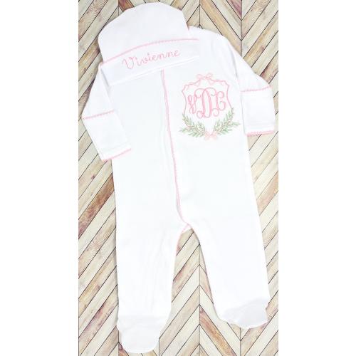 Personalized Baby Girl Outfit Coming Home Newborn Photo Set Monogram Baby White Pink Floral Custom Baby Clothes Gift Baby Shower New Mom