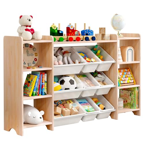 MallBest 4-Tier Kids' Toy Storage Organizer Shelf - 100% Solid Wood,Extra Wide Children's Storage Cabinet with 9 Plastic Bins and 6 Storage Ports
