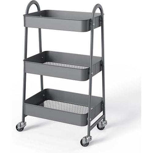 3 Tier Utility Rolling Cart, Metal Rolling Carts with Lockable Wheels & Handle, Multifunctional Utility Carts Storage Cart for Kitchen, Bathroom, Craft Room, Office, Living Room, Grey