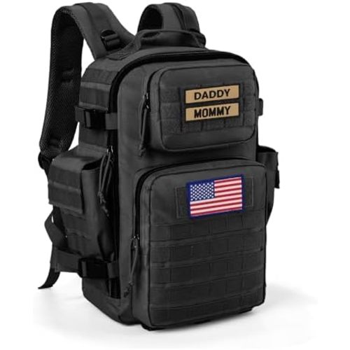 SHARKMOUTH Dad Diaper Bag for Men - Military Baby Backpack with Patches for Hiking Travel Camping Trips - Baby Shower Gifts Black