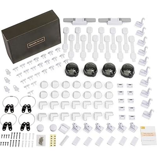 Baby Proof Kit, 112 Packs Baby Proofing Essentials - Magnetic Cabinet Locks, Corner Guards, Outlet Covers, Furniture Straps, Door Lever Lock - Child Safety Kit for Cabinets, Stove, Furniture