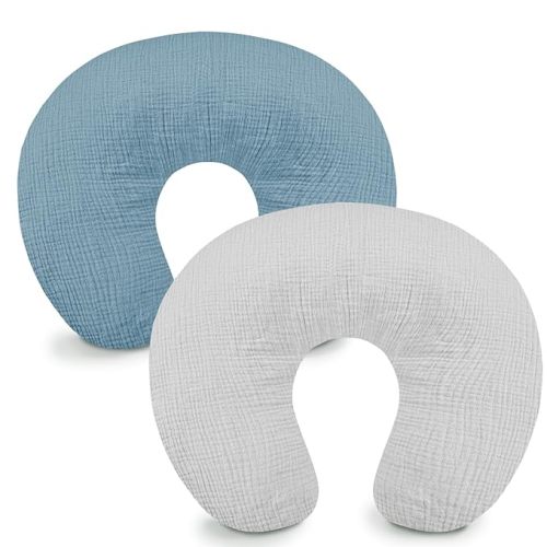 Hooyax Muslin Nursing Pillow Covers 2 Pack, Soft and Breathable Nursing Covers for Breastfeeding Pillows, Adorable Infant Feeding Pillow Slipcover for Baby Boy and Girls (Blue Grey)