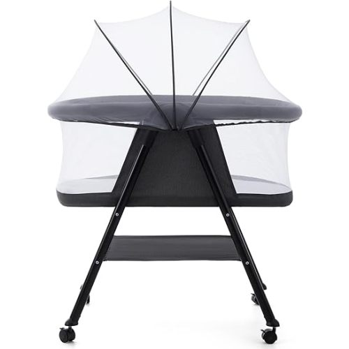 Jaoul Baby Bassinet, Portable Baby Travel Crib for Baby Bed with Wheels Comfy Mattress Mosquito Net Storage for Infant Newborn Lightweight and Breathable Mesh Design Dark Grey