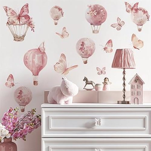 Pink Butterfly Hot Air Balloon Large Wall Stickers, sacinora DIY Art Wall Decals Removable Vinyl Peel and Stick for Kids Baby Girl Nursery Bedroom Children's Room Study Room Playroom Home Decorations