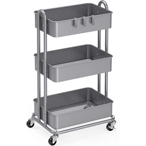Simple Houseware Heavy Duty 3-Tier Metal Utility Rolling Cart, Silver