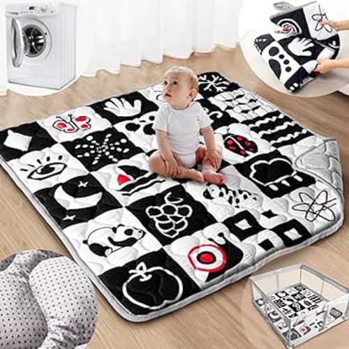 Baby Play Mats for Floor, Upgraded Thick Soft 50x50 Playpen Mat, Anti-Slip Bottom, Foldable and Machine Washable Playmat for Babies and Toddlers Infants(High Contrast)