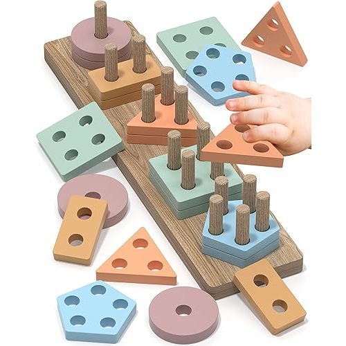 Montessori Toys for 1 2 Year Old Girl Boy, Toddler Toys Age 1-2, 1 2 Year Old Girl Boy Birthday Gifts, Education Toddler Puzzles for Wooden Toys Ages 1-3, Stacking Block Toys for Toddlers 1-3 - Coffee