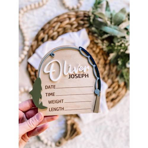 Custom Fishing Birth Stat Sign - Write in Baby Name - Birth Announcement Photo Prop - Engraved Photo Prop - Wood Plaque - Hospital Keepsake