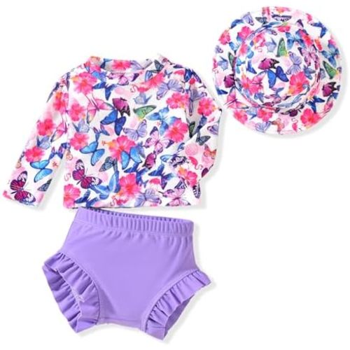 HINTINA Newborn Baby Girl Long Sleeve Swimsuit Bathing Suit with Hat
