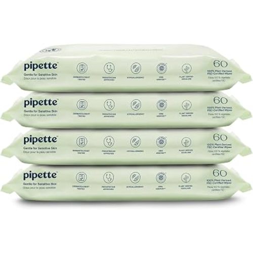 Pipette Water-Based Baby Wipes, 240 Count (Pack of 4), Fragrance‑Free & Gentle, Made with 100% Plant‑Derived Fibers, Squalane‑Infused for Soft, Moisturized Skin