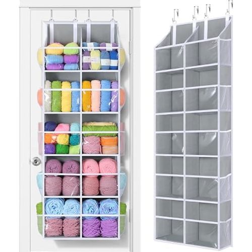Yecaye 80lb Clear Door Hanging Yarn Storage Organizer, 10 Large Plastic Pockets & 10 Mesh Pockets Over the Door Crochet Organizer, 5 Tier Yarn Ball Storage for Knitting Needles, Gray