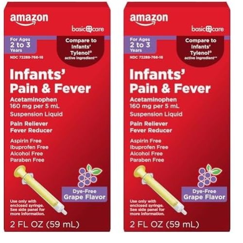 Amazon Basic Care Infants' Pain & Fever, Acetaminophen 160 mg per 5 mL, Suspension Liquid, Dye-Free Grape Flavor, 2 fl oz (Pack of 2)