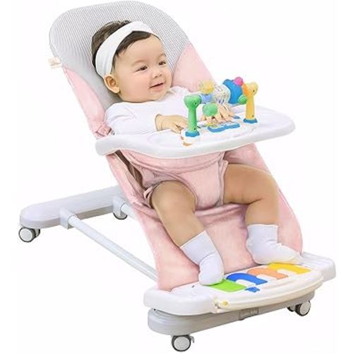 CuddoBaby Baby Bouncer 4-in-1 with Wheels, Detachable Piano, Feeding Tray, Play Bar, Thick Base. 3-Level Incline Portable Seat for Infant to Toddler 0-6, 0-12, 12-24 Months, Upto 29Lbs. Unisex - Pink