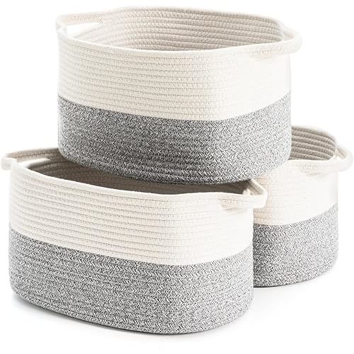 Cotton Rope Woven Storage Basket, Used for Baby Hamper Toy Organizer, Gift Baskets Empty,Kids Laundry Basket,Baby Blanket Basket. Size 15x10x8.7 Inches. (White&Grey-3PCS)