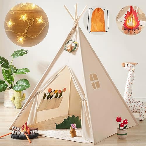 Tiny Land Kids-Teepee-Tent with Lights & Campfire Toy & Carry Bag, Foldable Toddler Tent for Kids - Washable Teepee Tent for Kids Indoor Tent, Outdoor Play Tent for Boys & Girls