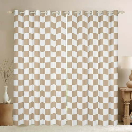 Erosebridal Teen Geometric Checkered Curtains for Living Room,Wheat White 30%-50% Blackout Curtains Set of 2 (38Wx45L),Buffalo Room Decorative