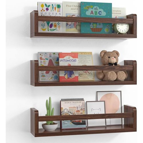 Floating Wall Nursery Book Shelves for Bedrooms Kids 16.5 Inch Walnut Color Wooden Baby Book Shelf for Kids Rooms Set of 3 Nursery Shelves for Wall Mounted Toddler Bookshelf