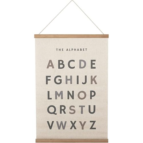Bon et Beau 16 x 24 Inch Embroidered Alphabet Poster Framed with Wood Hanger - Neutral Gray Wall Decor for Boys Nursery, Bedroom, Playroom, Toddler and Kids Room