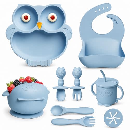 Silicone Baby Feeding Set with Spoon, Bowls, Plates with Suction, Bib, and Toddler Sippy Cups with Replaceable Snack Lids, Blue