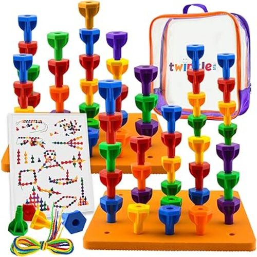 Pegs Board Game Set Jumbo Pack | 48 Pegs + 2 Boards & Storage Bag W/Handle Easy to Carry. for Motor Skills Sorting Counting Color Recognition Occupational Therapy Toddler and Preschool by Twinkle me