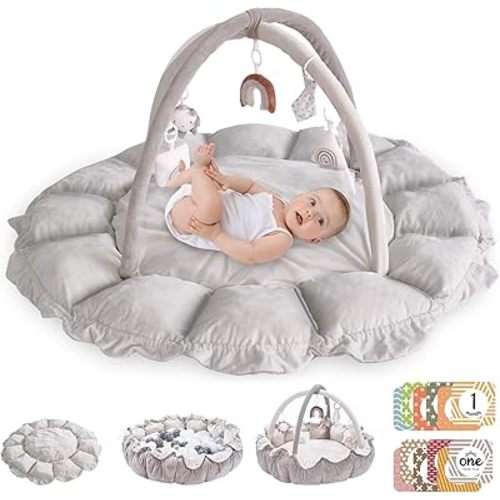 5-in-1 Convertible Baby Play Gym with 6 Toys, Tummy Time Mat for Sensory Development, Baby Activity Center from Newborn to Toddler, Ball Pit, Cat & Dog Bed, Soft Plush Pet Bed, No Ball Included