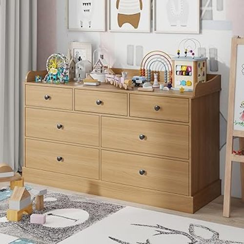 Vabches Kids Dresser Cabinet with 7 Drawers and Large Table Top, White Chest of Drawers, Baby Dresser, Kids Bedroom Furniture, Nightstand for Child’s Room,Oak