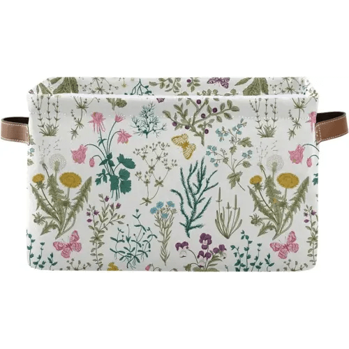 JUMBEAR Herbs and Flowers Rectangular Storage Bin 2 Pack, Collapsible Organizer Canvas Storage Basket with Handles for Closet, Office, Nursery, Home Decor