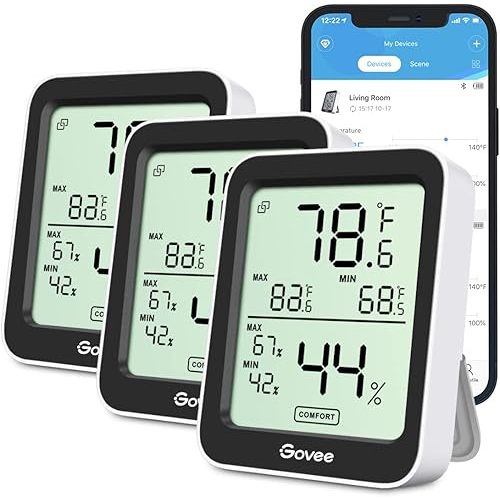 Govee Indoor Hygrometer Thermometer 3 Pack, Bluetooth Humidity Temperature Gauge with Large LCD Display, Notification Alert with Max Min Records, 2 Years Data Storage Export for Room Greenhouse, Black