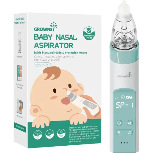 GROWNSY Nasal Aspirator for Baby with Protection Mode, Electric Nose Suction for Baby, Automatic Baby Nose Sucker with 3 Silicone Tips, Adjustable Suction Level, Music and Light Soothing Function