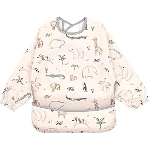 Little Dimsum Mess-Proof Baby Bibs|Infant Toddler Long Sleeve Waterproof Feeding Smock|Catching Food & Wipe Clean(zoo)