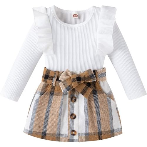 fhutpw Baby Toddler Girl Outfits Fall Winter Clothes Turtleneck Knitted Cotton Long Sleeves Tops & Button Mini Skirts Set